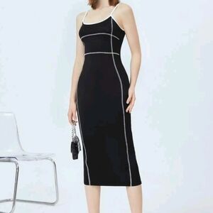 SHEIN Black Midi Dress with White Stitching Detsil